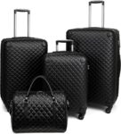 Plaid PU Leather Softshell Luggage Set - 4-Piece Expandable Suitcases with Spinner Wheels - Includes Large Travel Bag, 20-Inch Carry On, 24-Inch & 28-Inch Suitcases