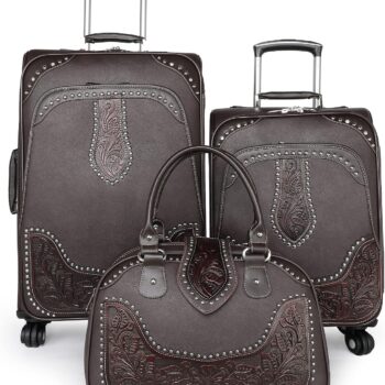 Luggage 3 Piece Sets Suitcase Embossed Vegan Leather Spinner Wheels Carry On Duffle Bag for Travel Coffee